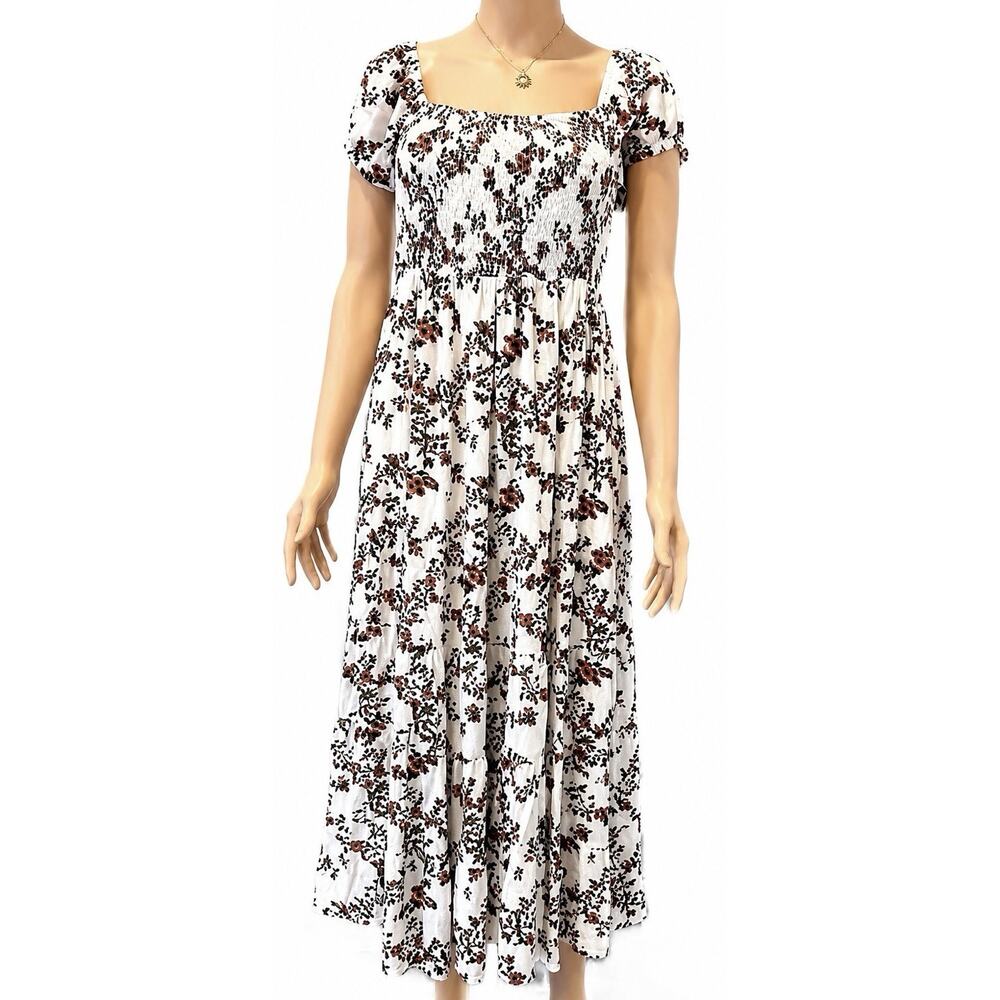 Aedrose Floral Cottagecore Midi Dress Women’s Large Puff Sleeve Smocked Boho